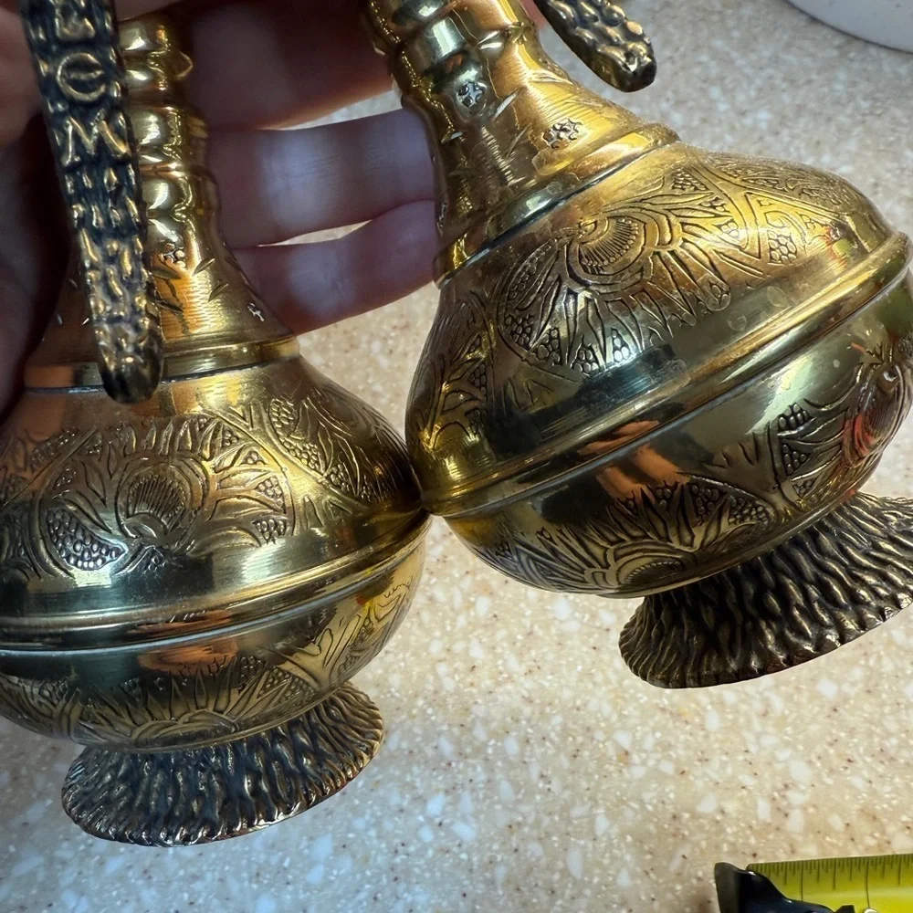 Vintage Gold Tone Brass Etchied Jerusalem Israel Pitchers Set of 2 Small Pourer